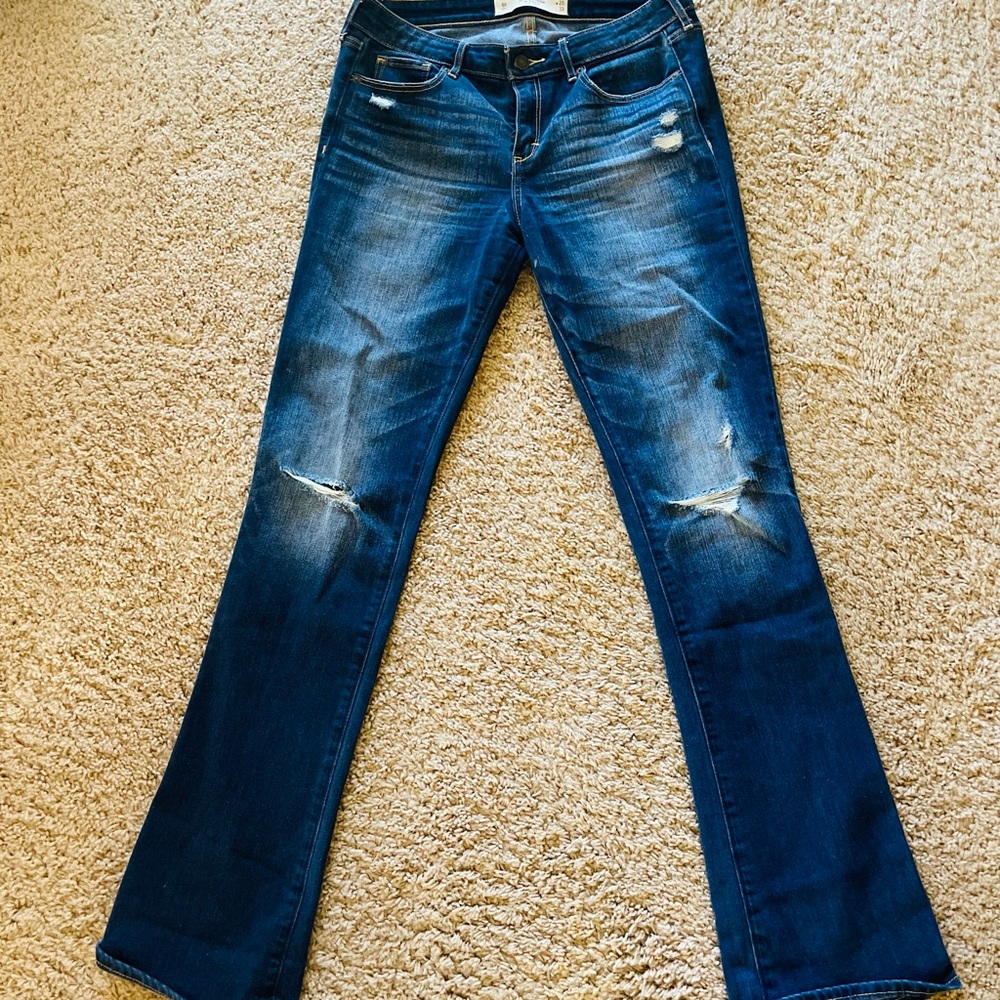 Abercrombie and Fitch distressed dark blue jeans straight with slight flare